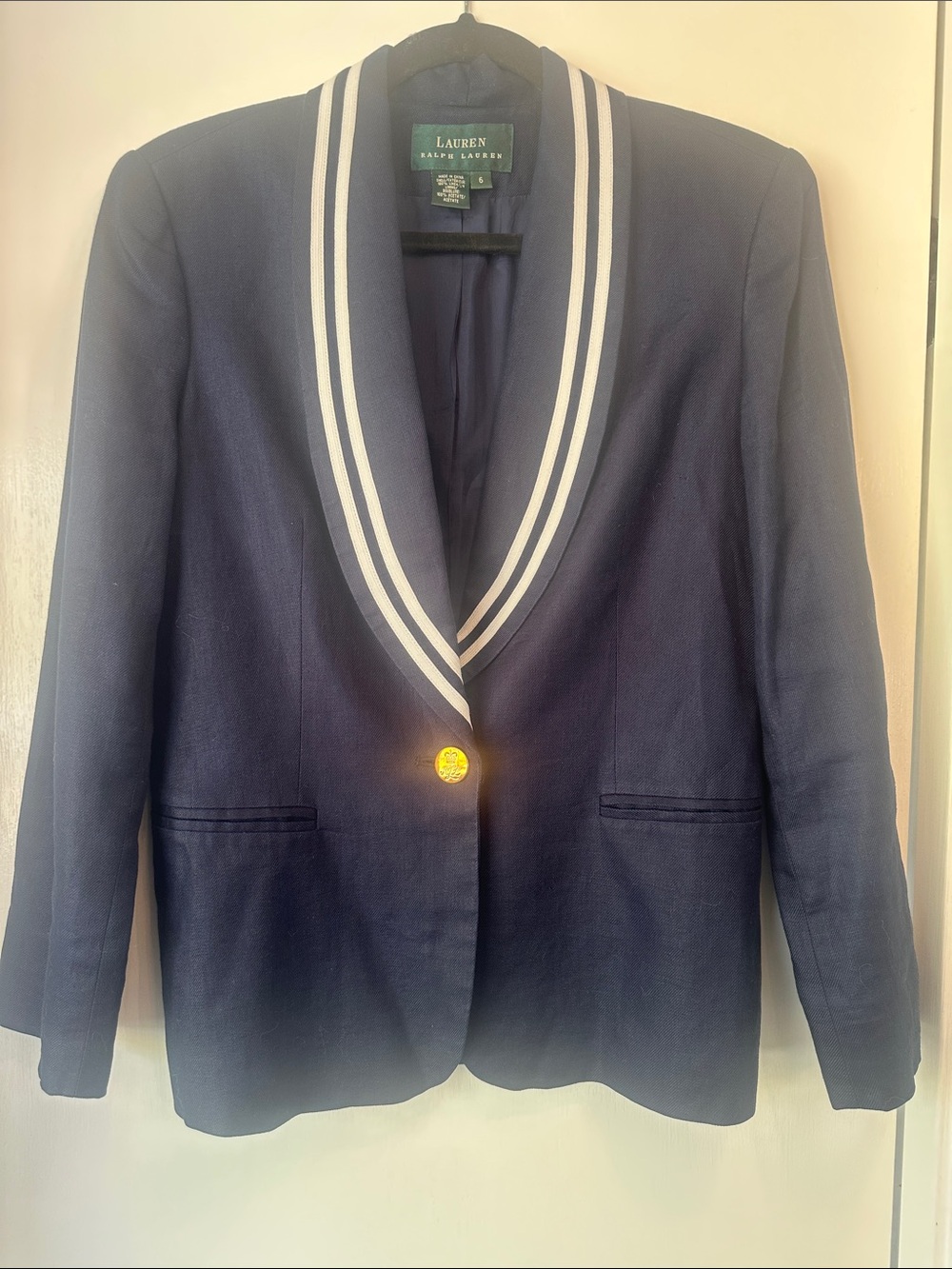 Lauren Ralph Lauren Navy Blazer with White Striped Shawl Collar